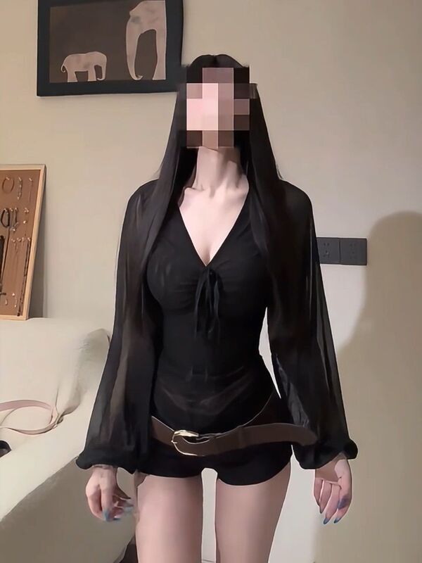Hot Girl Retro Sexy Black V-Neck Long-Sleeved Chiffon Shirt Mesh Top Spring and Summer New Style Pure Desire to Show Off the Figure