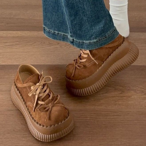 Ethnic Brogue Shoe Sole, Mid-Heel (-cm), Low-Cut Design, Lace-Up, Square Toe, Deep Rubber Opening