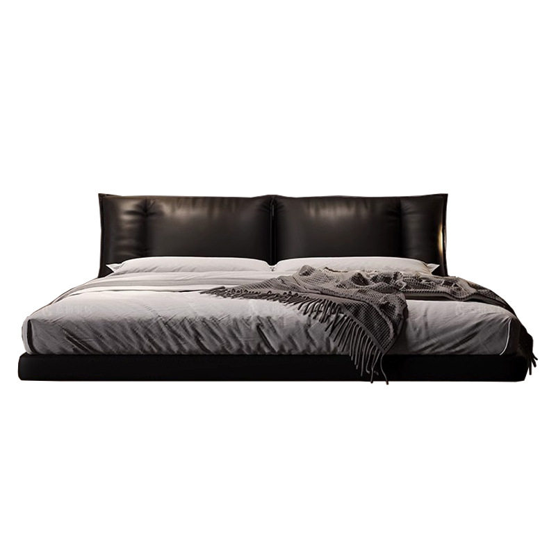 Cama de suspensión minimalista italiana, cama principal, cama de matrimonio, cama doble moderna y minimalista, cama de cuero negro de 2 * 2.2m