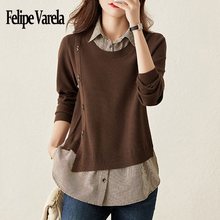 假两件针织衫上衣女衬衫领二八月毛衣春秋装新款洋气条纹打底衫