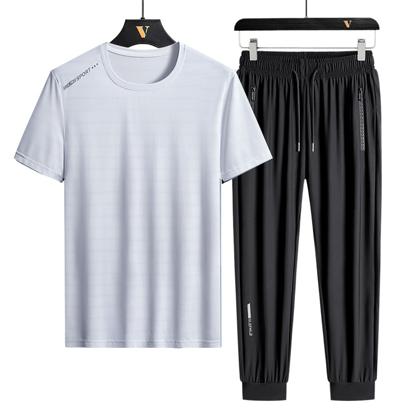 Traje de seda helada L-8X para hombre, conjunto deportivo de verano de manga corta, talla grande, holgado, de secado rápido, conjunto casual de dos piezas para hombre