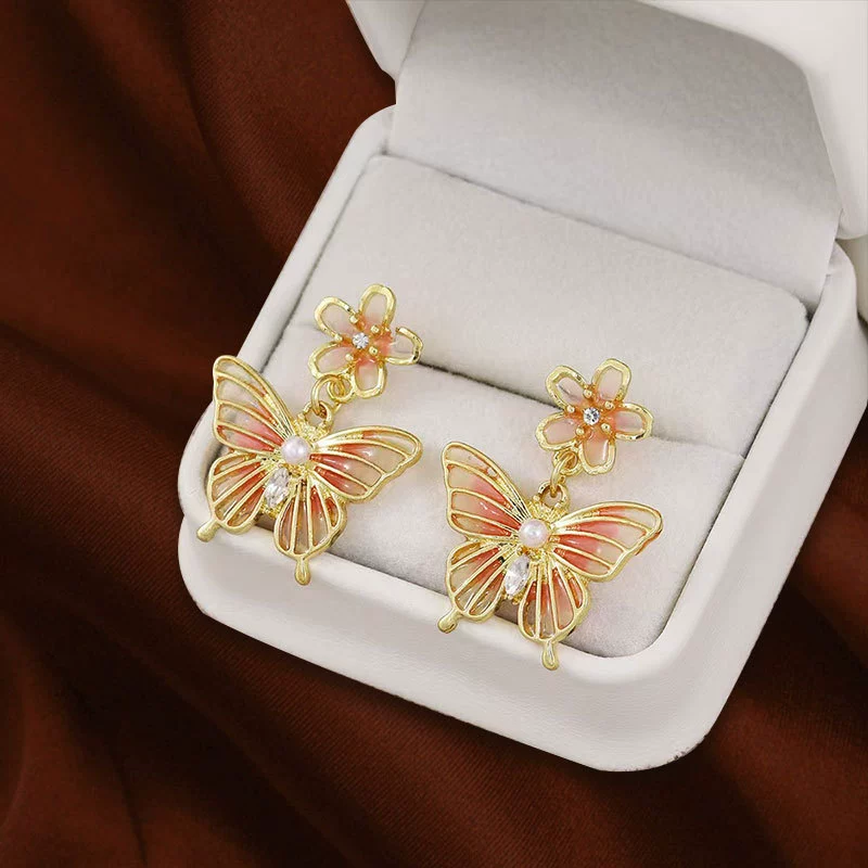Fuchsia earrings from pearl, flowered, light luxury style, silver 925 sample