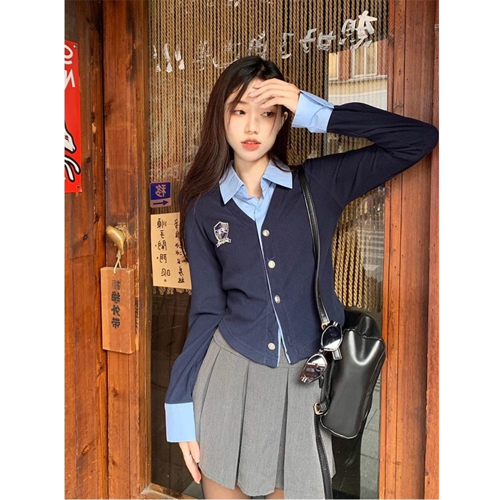 Women's two-piece polo collar shirt, autumn preppy style, slim fit, short, layered cardigan top