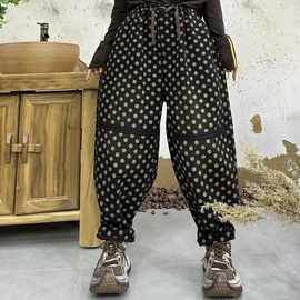 2025冬季韩版宽松简约灯芯绒波点印花加绒裤双层灯笼裤棉裤潮
