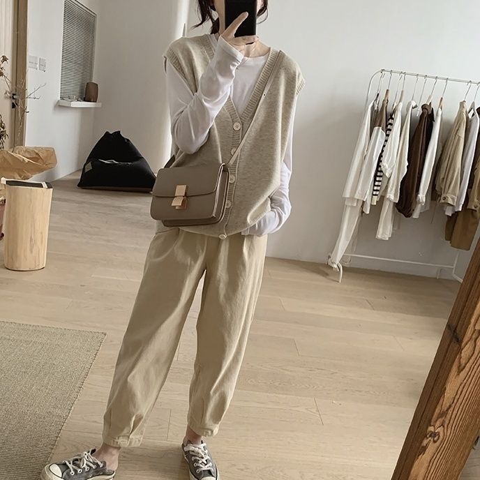 韩系宽松休闲v领马夹针织背心女秋季洋气减龄马甲外套女外搭开衫|undefined
