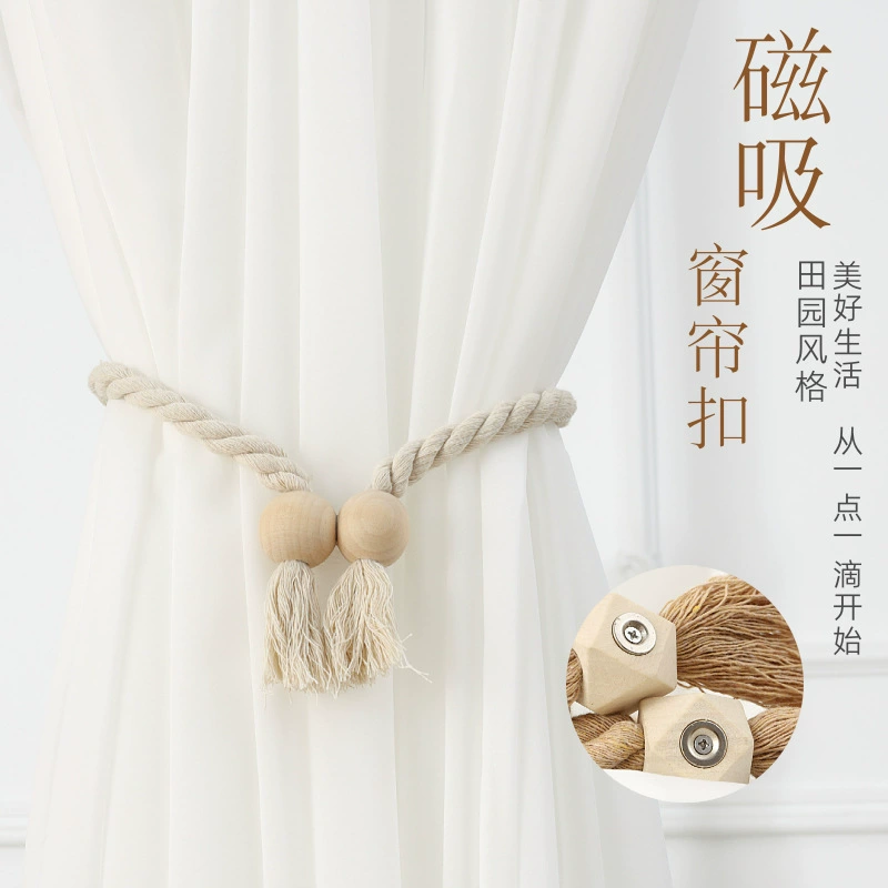 Завязки для штор из хлопка и льна с кисточками, в пасторальном стиле, из массива дерева, с прочными магнитами, без сверления, завязывающиеся веревками, оптовые магнитные завязки от производителя.