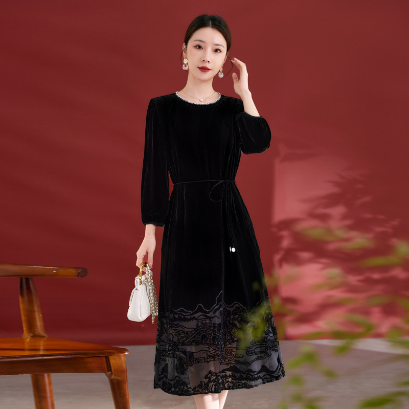 New Style Silk Velvet Round Neck Burnt Flower Vest Dress with Pearl Neckline A-Line Long Autumn and Winter Dress for Women 1985
