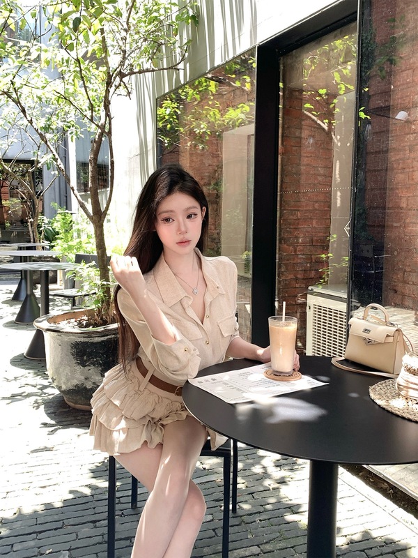 kubiliv松弛holiday法式松弛感亚麻正肩衬衫上衣蛋糕裙两件套|undefined