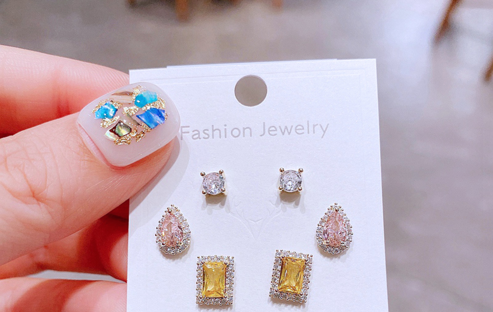 Korean Earrings Set Exquisite Color Water Drop Geometric Zircon Earrings Combination display picture 3