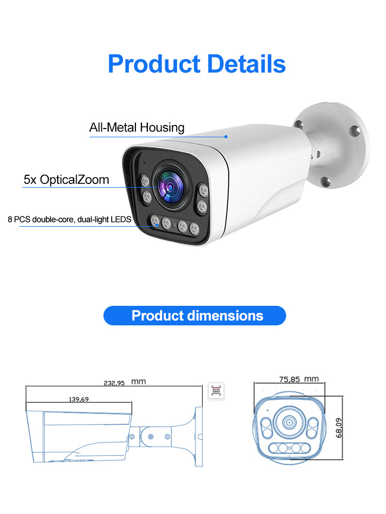 5MP çift ışık tam renkli HD gece görüşü metal POE gözetim kamerası yüz tanıma 5x optik zoom sınır ötesi