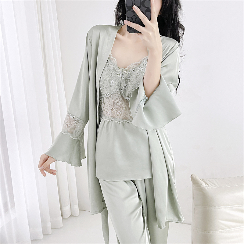 春夏季新款帶胸墊冰絲睡衣女性感吊帶長褲三件套睡袍家居服2603