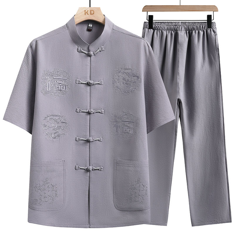 High-End Tang Suit Short-Sleeved Chinese Style Dad Clothes for Middle-Aged and Elderly People, Summer Thin Embroidered Cotton and Linen Clothes for the Elderly, Men's Clothes