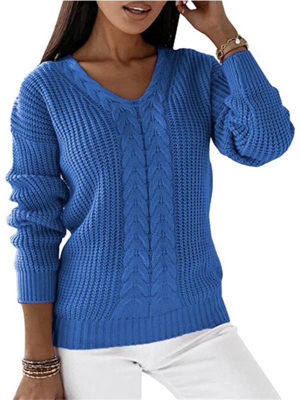 Europa y América Nueva Amazon suéter de las mujeres de manga larga con cuello en V color sólido giro casual Jersey de punto superior image 3