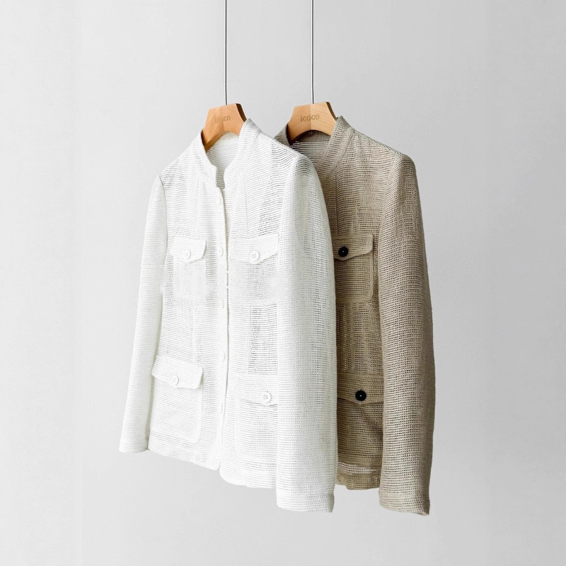 In-Stock Linen + Cotton Material! Shiny Silk Stand-Up Collar Pocket Knit Waist-Cinching Blazer, Fall 2025