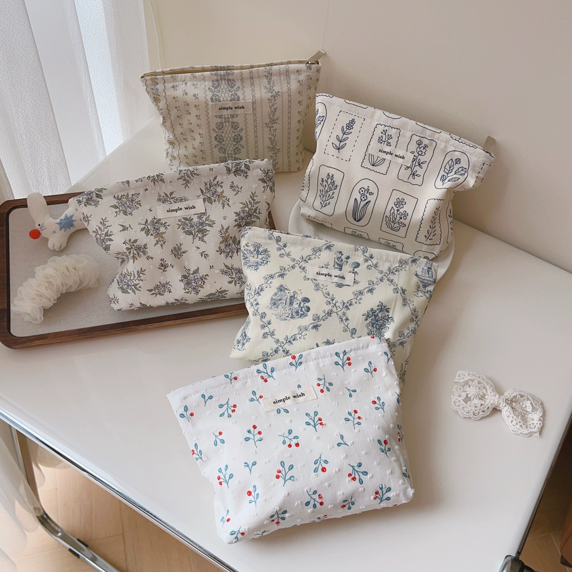 【Suxibu Bag】Корейская версия простая и элегантная белая подложка, литературный синий принт хлопковая ткань маленький косметичка косметичка для мобильного телефона