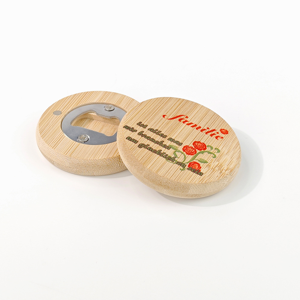 Nuevo producto de impresión de transferencia de calor creativo redondo de bambú y madera abertura de botellas magnéticas
