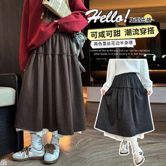 女童韩系绑带毛呢半身裙秋2025新款设计感木耳边花边拼接A字长裙