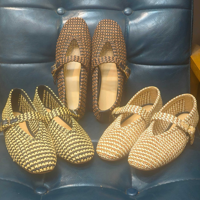 Sheepskin Version ~ Woven Raffia Buckle Strap Mary Jane Shoes for Women Breathable Fishnet Cut Out Flats Ballet Shoes
