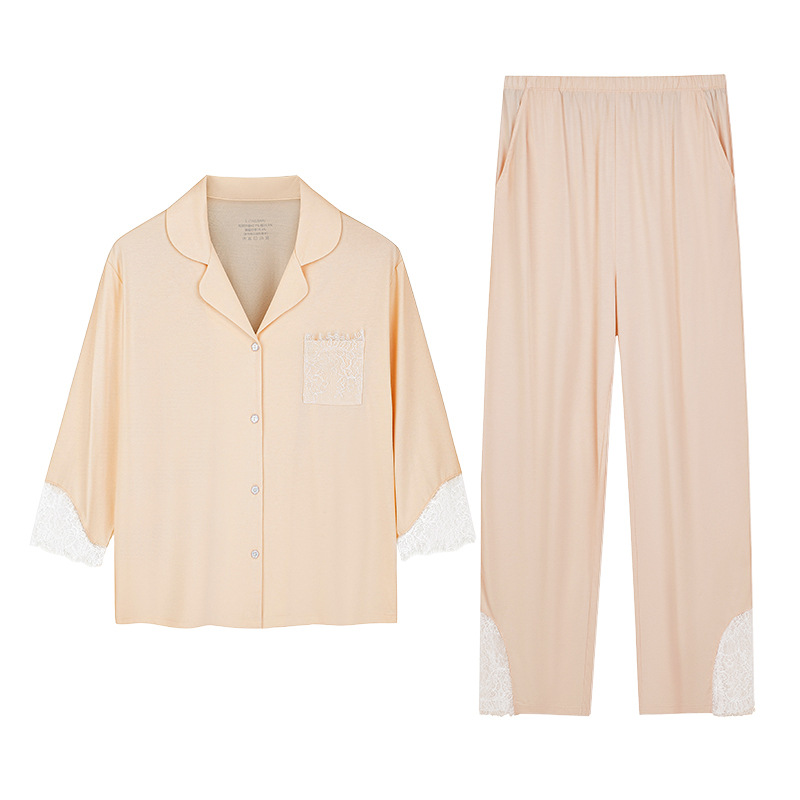 [Aromaterapia de flores de magnolia] Pijamas con cuello en V francés de alta gama para mujer, servicio a domicilio de manga larga con borde de encaje fino
