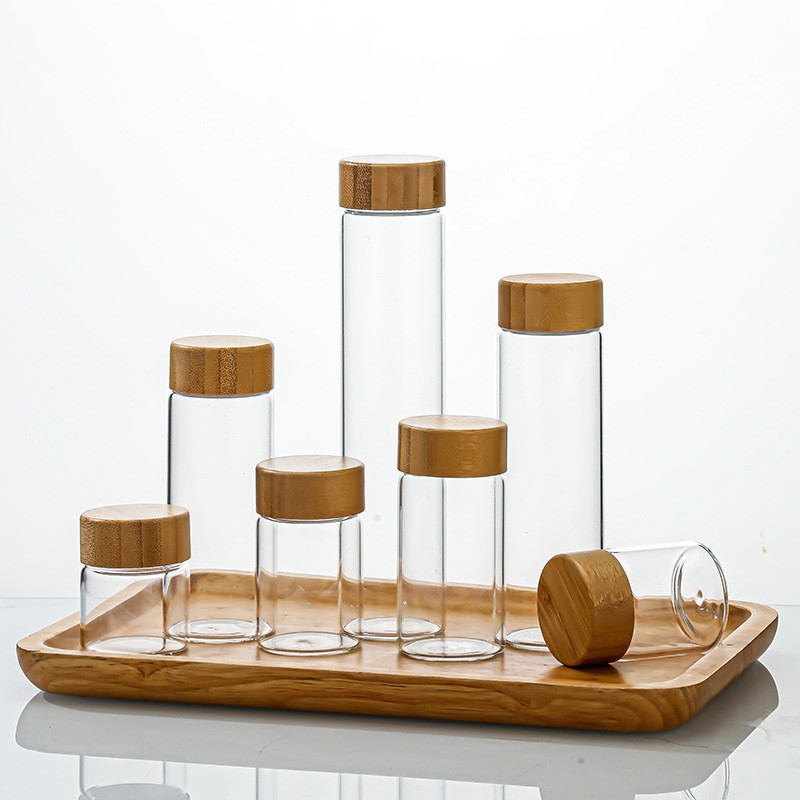 现货47mm含竹木盖管制瓶螺口瓶高硼硅透明玻璃瓶沉香分装瓶虫草瓶