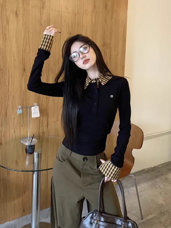 学院风格纹polo领拼接假两件长袖t恤女秋冬内搭修身显瘦打底上衣|undefined