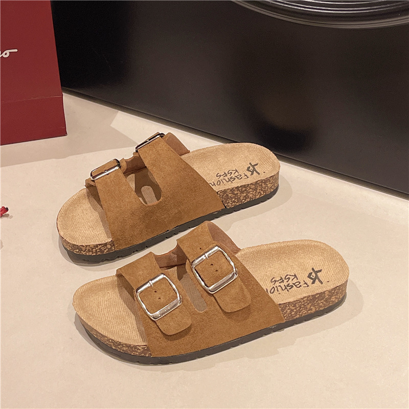 2026 New Versatile Birkenstock Shoes for Men and Women, Couples' Outdoor Wear, Thick-Soled Cork Sole Sandals, Double Buckle Casual Leather Surface