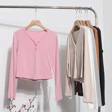 A03清仓特价 不退换 长袖V领开扣打底衫修身短款内搭T恤上衣85219