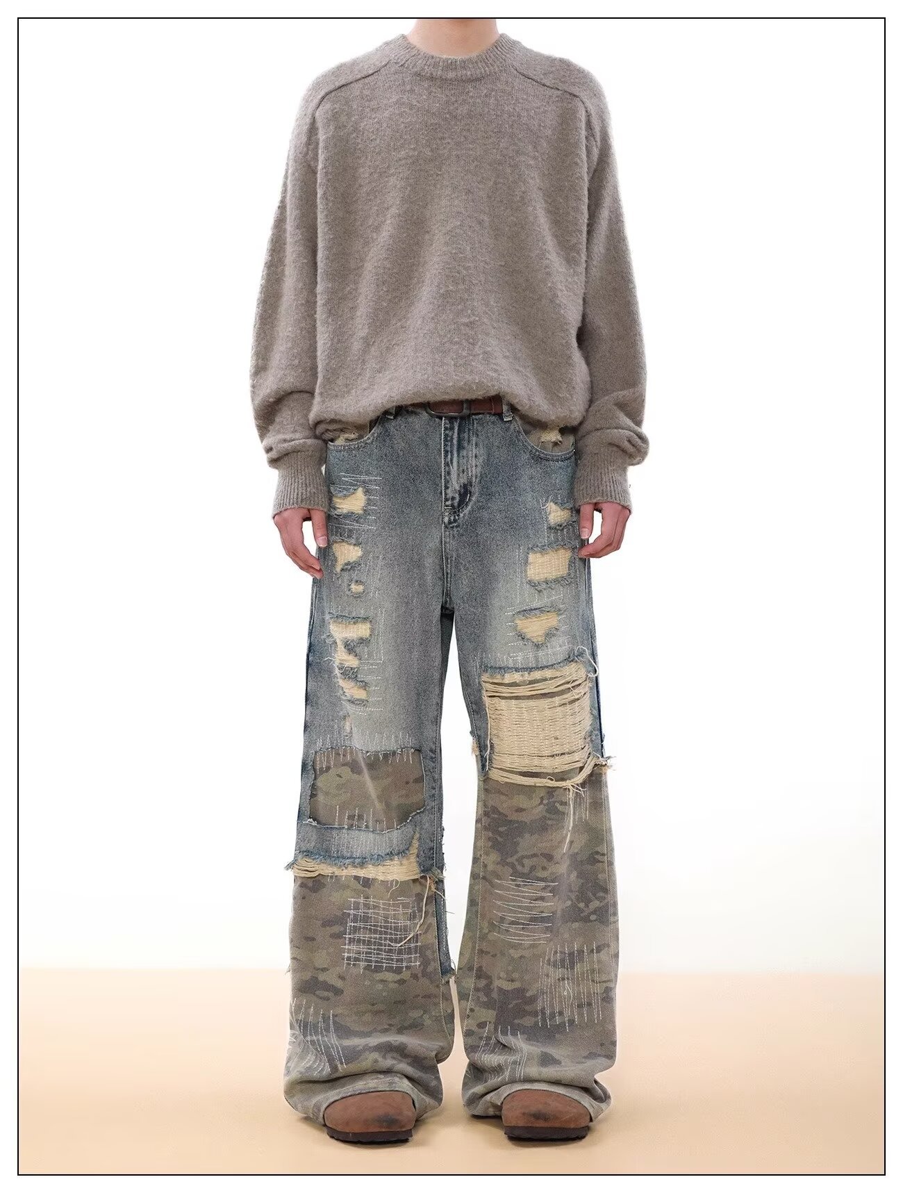 Jeans uomo vintage denim distressed patchwork camouflage blu_voghion.com