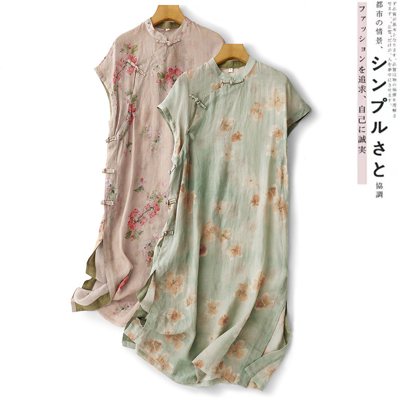 Cool and Elegant Cotton-Linen Women's Mid-Length Dress with Side Slit, Summer Artistic Tea Dress with Side-Buttoned Placket Cool and Elegant Cotton-Linen Women's Mid-Length Dress with Side Slit, Summer Artistic Tea Dress with Side-Buttoned Placket