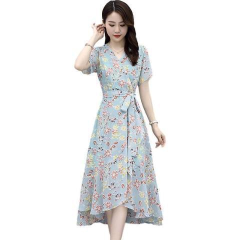 2025 Summer Floral Print Dress for Summer and Autumn, French Ice Silk Medium-Length Slimming and Elegant Waist-Closing Dress