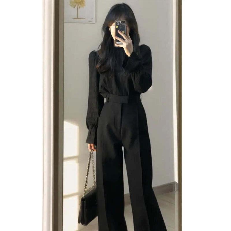 GraceChic - Completo autunnale per donna 2025, nuovo, elegante e alla moda, composto da due pezzi, camicia nera e pantaloni da abito di alta qualità_voghion.com