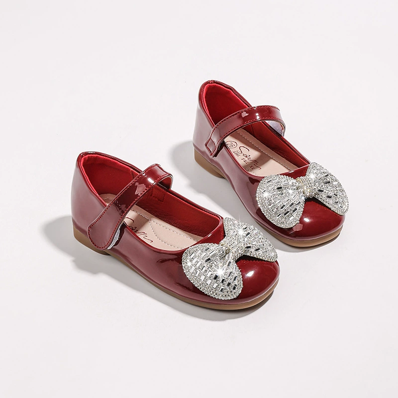 Детские туфли для девочек, модель 2025 года, новые, с бантом и стразами, кожаные, на мягкой подошве, для малышей и детей ясельного возраста