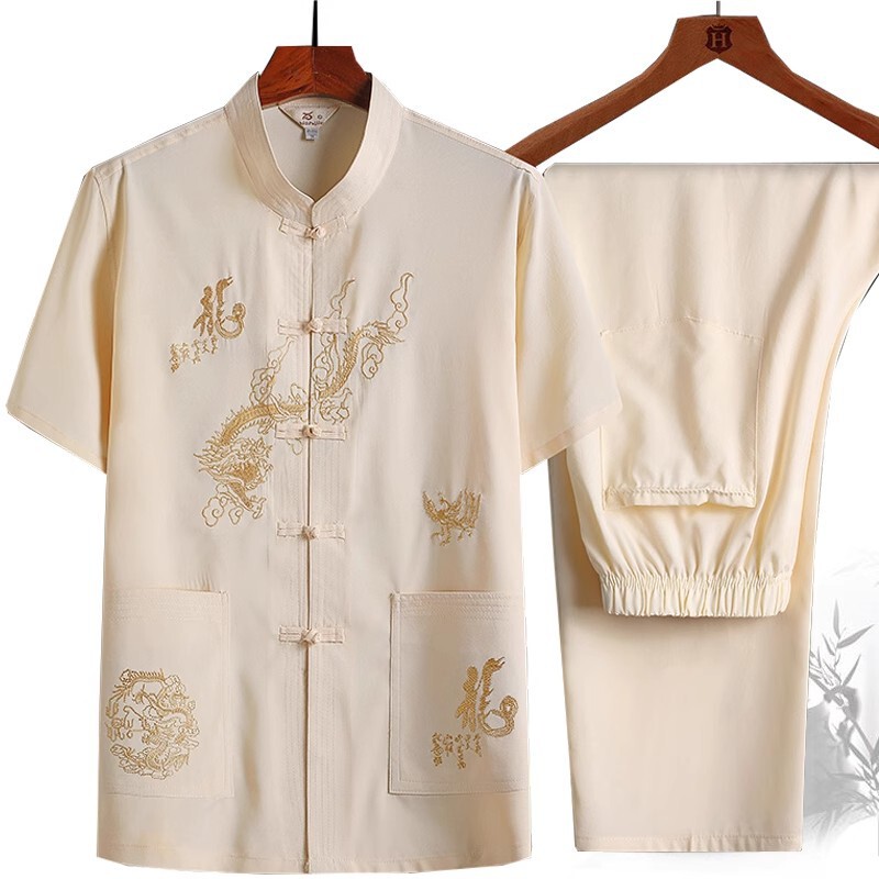 Men's Tang Suit for Middle-Aged and Elderly Fathers, Chinese Style Grandpa Summer Short-Sleeve Set, Hanfu Shirt, Morning Exercise Outfit