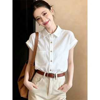白色Polo领短袖衬衫女2026夏季新款衬衣法式小资漂亮气质女士上衣