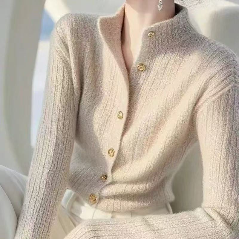 韩版感半高领内搭毛衣开衫女2025秋冬新款纯色温柔风修身针织外套|undefined