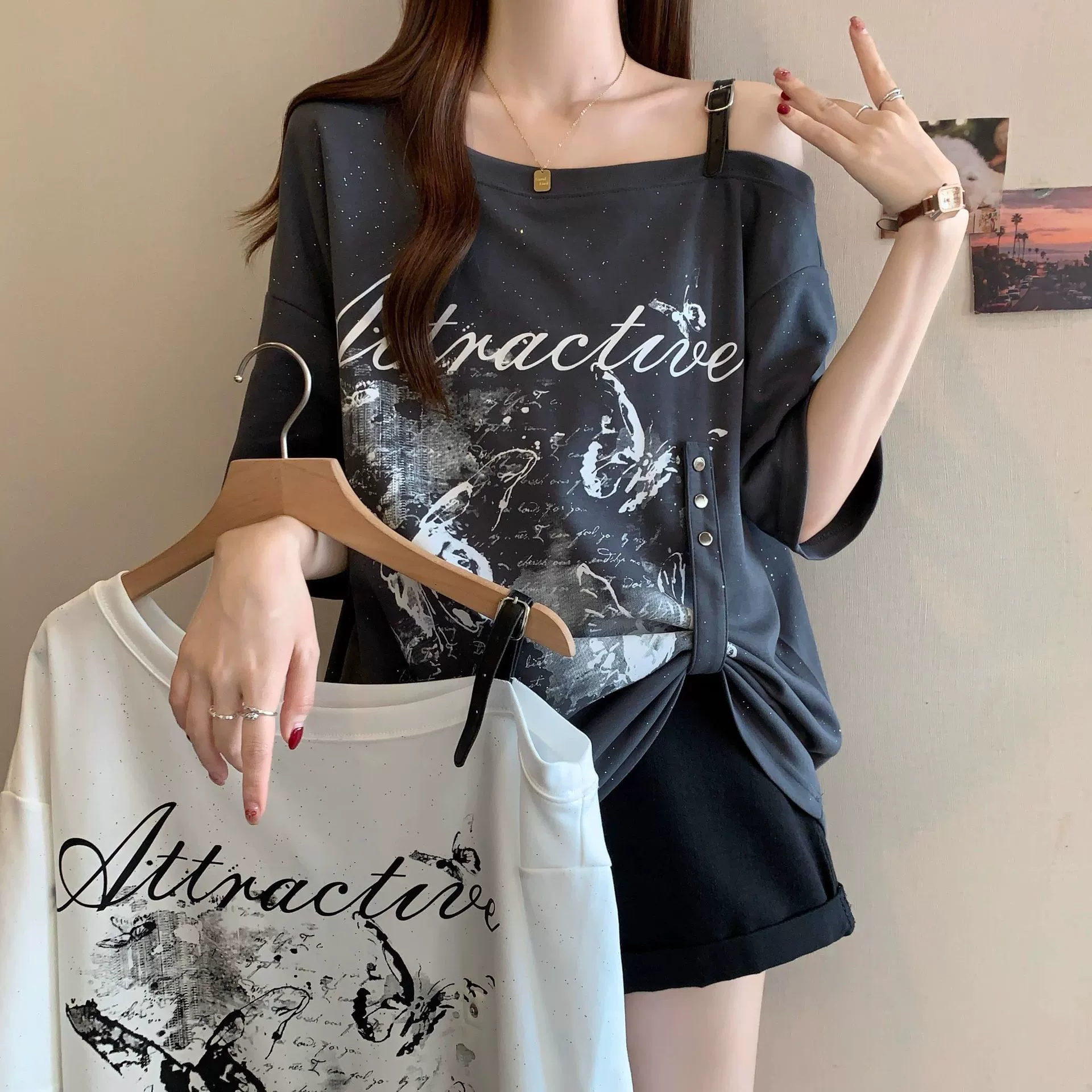 Боковые плечи плюс размер женская толстая мм женская футболка летняя новая американская личность горячая девушка темперамент