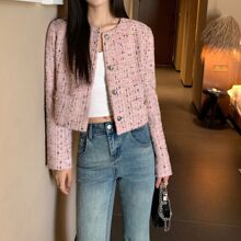 潮2025秋装新款粉色小香风外套女感显瘦气质名媛短款开衫上衣