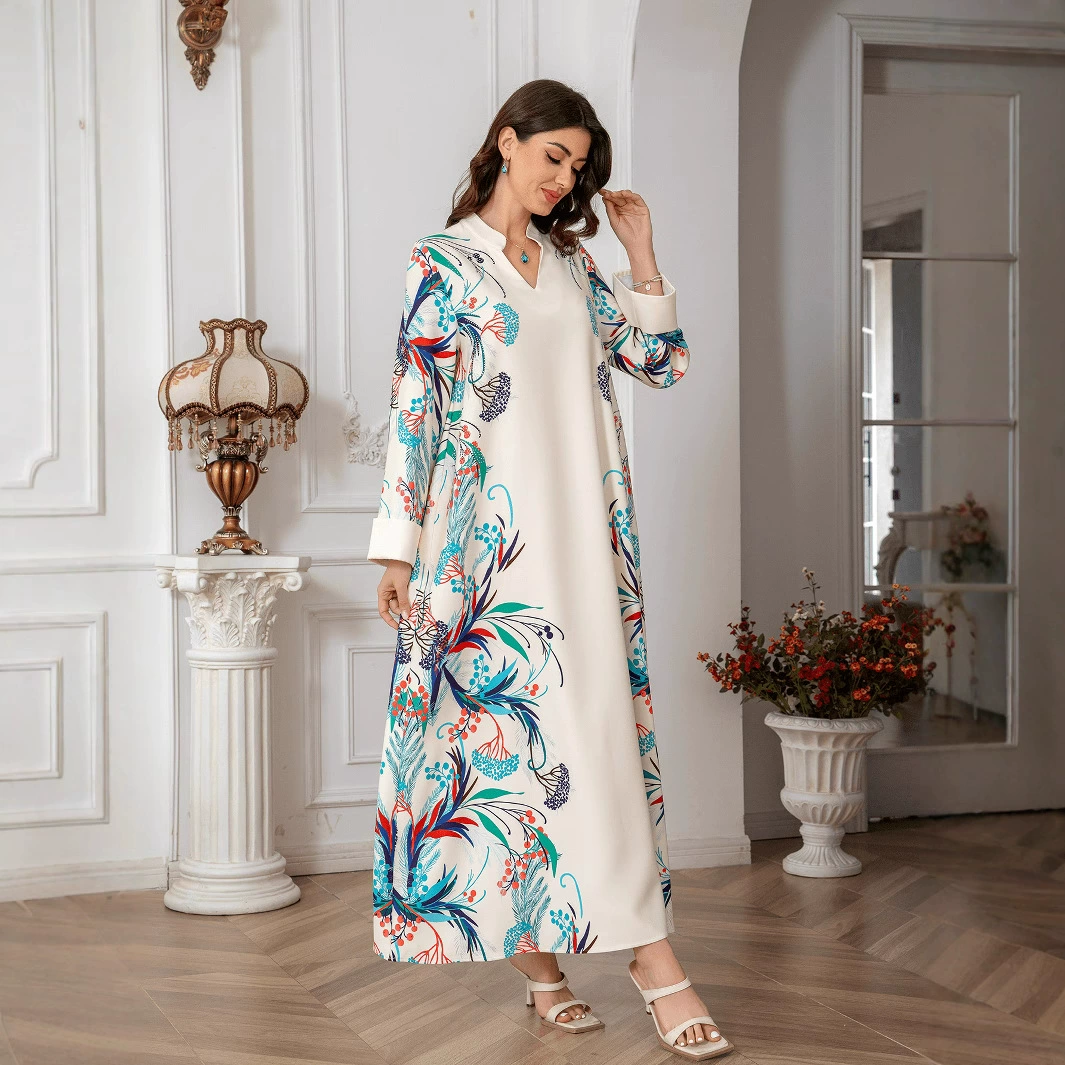 Популярное трансграничное женское длинное платье в мусульманском стиле с принтом, V-образным вырезом, саудовская абайя