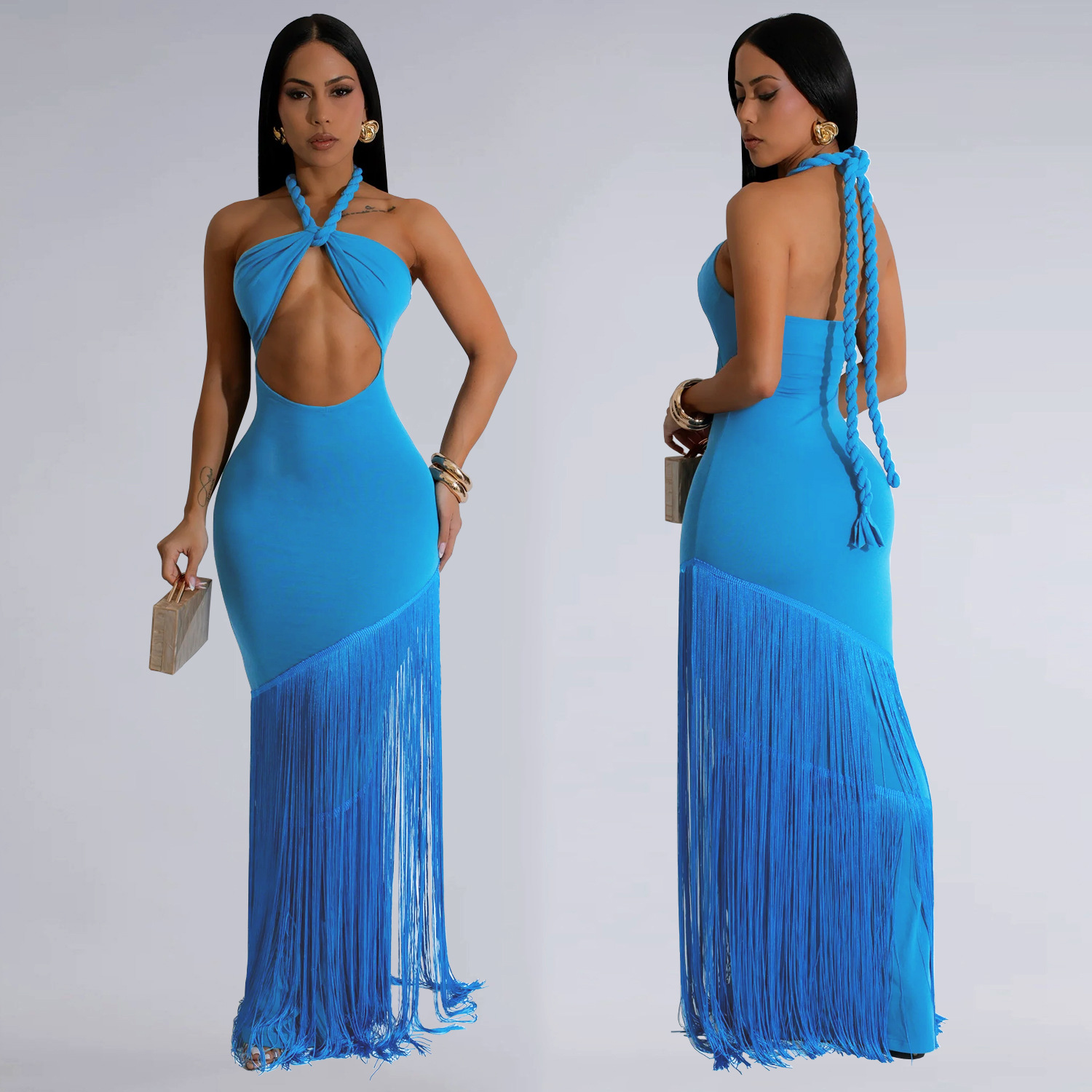 C7453 Cross-border AliExpress Amazon Vestido de verano para mujer de moda europea y americana Vestido superior de tubo con costuras con flecos image 5