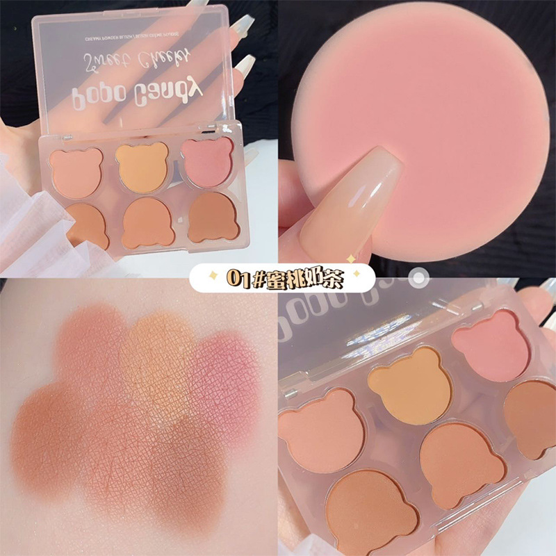 POPO CANDY Six-color Bear Blush Palette, Blush, Highlight, Shadow, Contouring all-in-one Palette, Facial makeup Tiktok details Picture