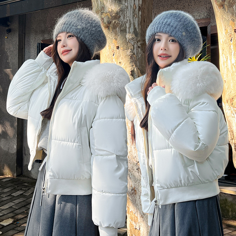 外贸韩版风连帽大毛领棉服女2025年冬新款高腰短款面包服外套现货|undefined