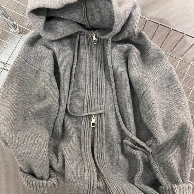 灰色连帽毛衣外套女宽松春秋冬外搭慵懒风加厚针织双拉链卫衣开衫
