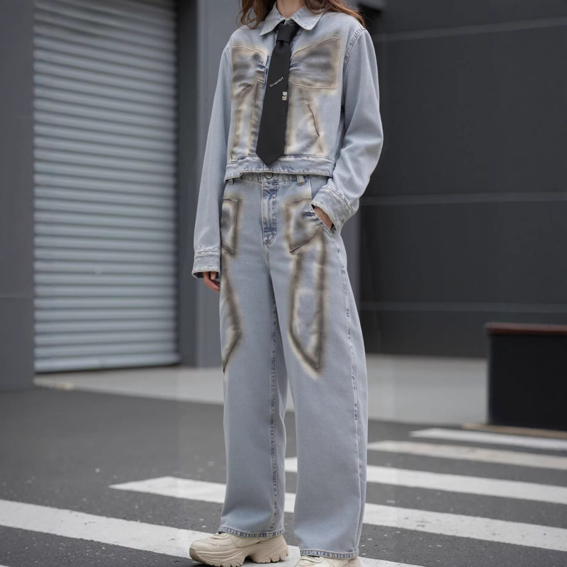 Hong Kong Style Retro Bow-Knot Denim Two-Piece Set for Women, New Spring Style Distressed Jacket Paired with High-Waisted Straight-Leg Pants
