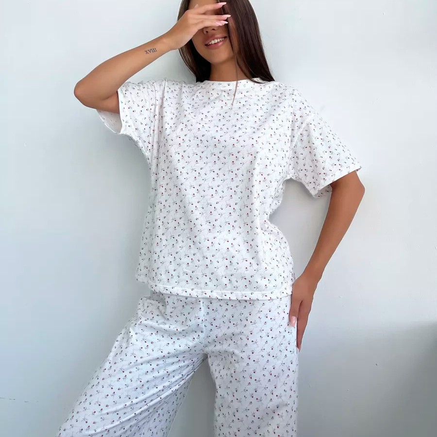 New Cross-Border European and American Women's Pajamas Heart Heart Floral Print Short-Sleeved Trousers Fashionable Casual Home Wear Two-Piece Set