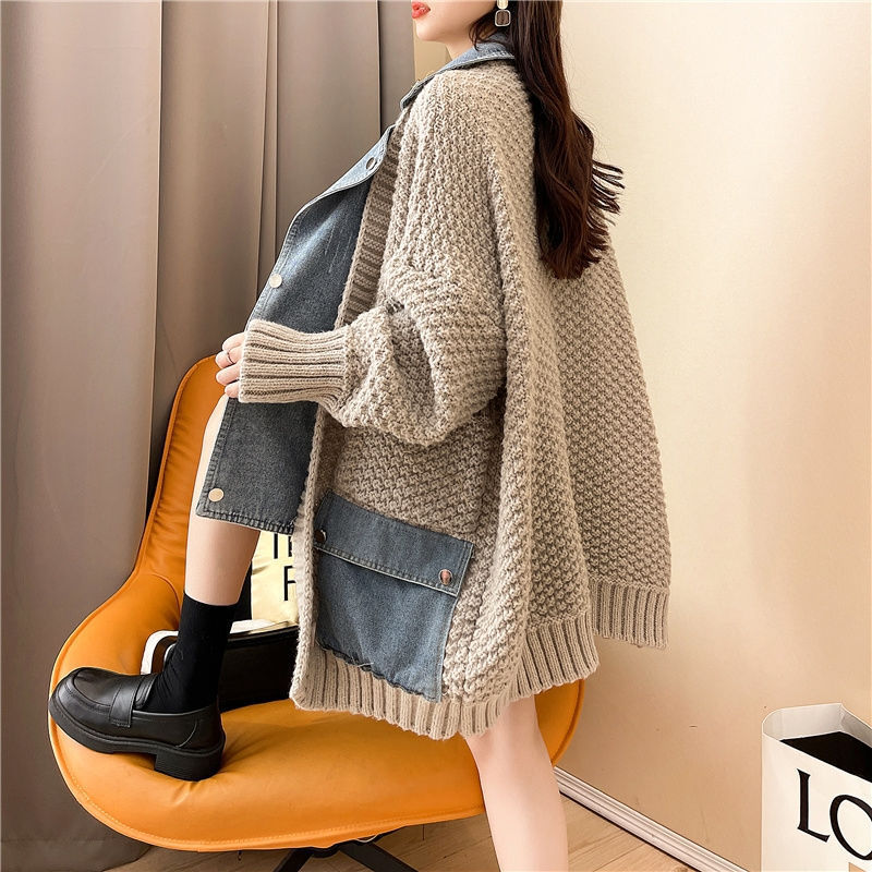 Cross-border Same Autumn and Winter Sweater Cardigan Women's Loose Outer Wear New Style Western Style All-match Lazy Style Denim Stitching Outer Cross-border Same Autumn and Winter Sweater Cardigan Women's Loose Outer Wear New Style Western Style All-match Lazy Style Denim Stitching Outer