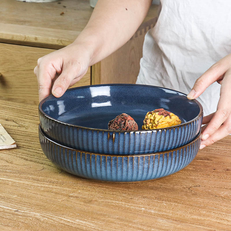 Practical and Sturdy Large Serving Bowl~Ceramic Large Bowl, Deep Dish, Blue Kiln-Glazed Relief Plate, Western Restaurant Salad Plate