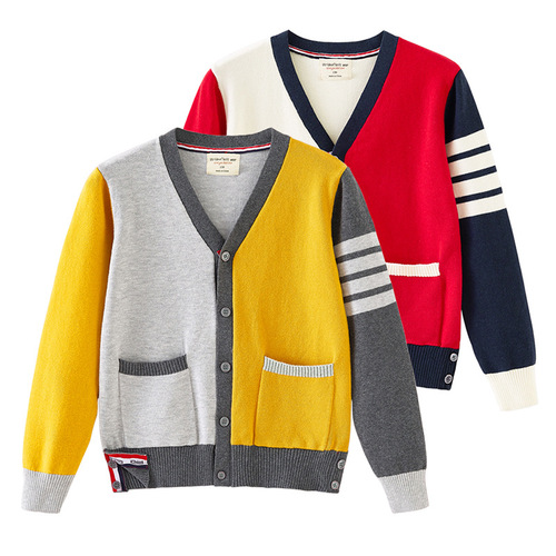  Children's Cotton Spring and Autumn TB Four Stripes V-Neck Colorful Collision Children's Knit Cardigan Women and Girls' Cardigan Outerwear