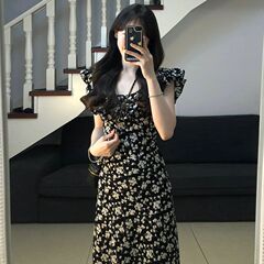 茶休フランス黒砕花ストラップ小飛袖ワンピース子供夏高級感ウエスト気質超仙ロングスカート