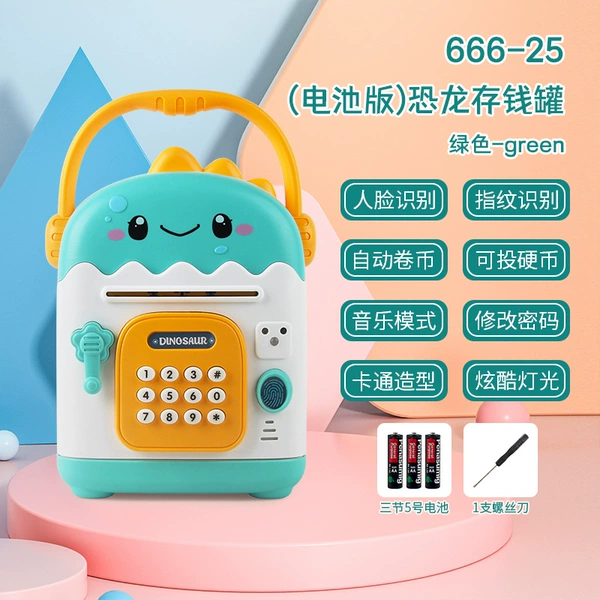 Dinosaur, green battery, piggy bank