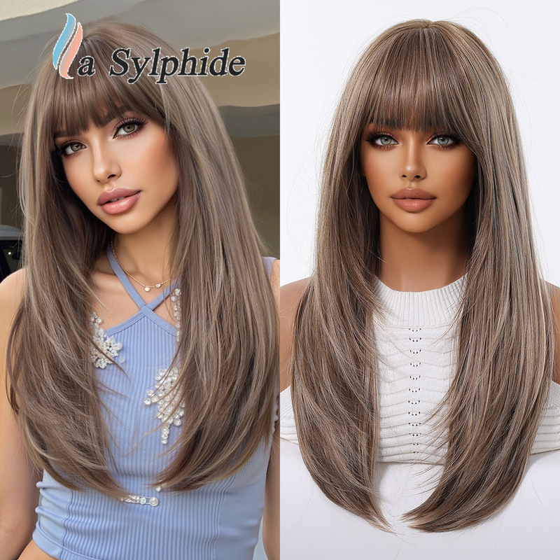 Wig for Women with Full Head Cover, Mixed-Race High-Temperature Silk, Simulated Golden Dark Brown with Bangs, Layered Long Straight Hair, Full Top to Reduce Age Wig for Women with Full Head Cover, Mixed-Race High-Temperature Silk, Simulated Golden Dark Brown with Bangs, Layered Long Straight Hair, Full Top to Reduce Age